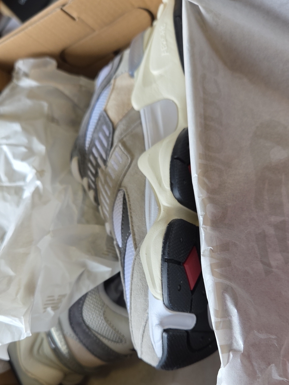 New Balance Beige, Gray & Cream Suede Mesh Sneakers